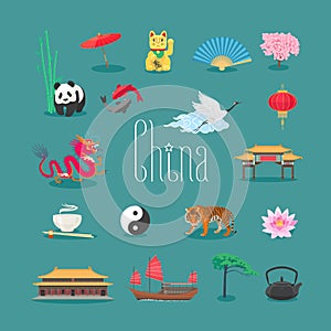 China vector icons, symbols with Chinese traditional landmarks, panda, tiger, temple