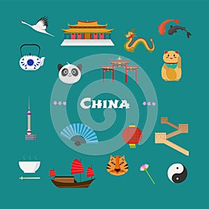 China vector illustration with Chinese famous landmarks, lantern, dragon, other objects