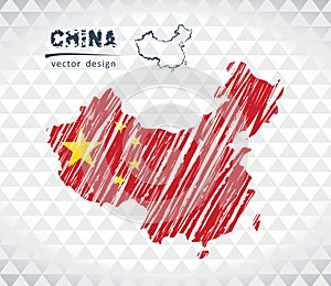 China vector map with flag inside isolated on a white background. Sketch chalk hand drawn illustration