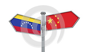China and Venezuela flag sign moving in different direction. 3D Rendering