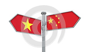 China and Vietnam flag sign moving in different direction. 3D Rendering