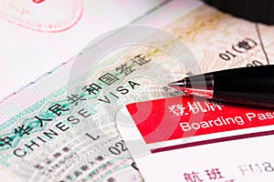 China visa in passport and boarding pass