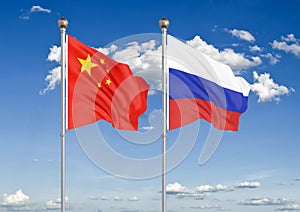 China vs Russia. Thick colored silky flags of European Union and Belgium. 3D illustration on sky background. â€“ Illustration