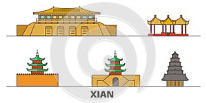 China, Xian flat landmarks vector illustration. China, Xian line city with famous travel sights, skyline, design.