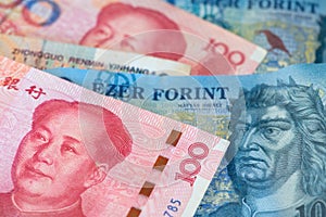 China Yuan Renminbi and Hungary Forint money. CNY HUF