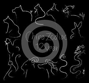 China zodiac Chinese animal symbol of 12 year art line brush stroke design
