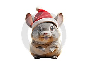 chinchilla in Santa hat isolated on a white background.