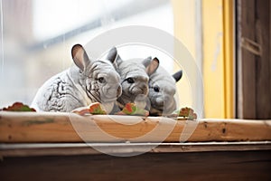 chinchillas close together on a wooden ledge