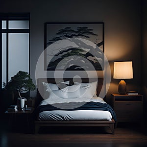 Chinece Clean Simple Style Bedroom Interior, Neutral Colors, Large bed, Side table with Lamp and Bonsai tree Generative Ai