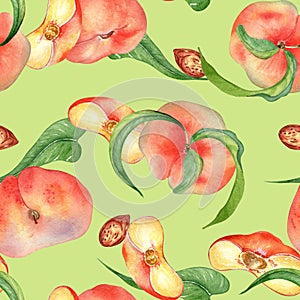 Chines fig peaches and leaves watercolor seamless pattern isolated on green background. Whole ripe fruits painting. Flat