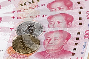 Chinese 100 RMB or Yuan featuring Chairman Mao and bitcoins