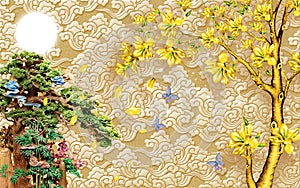 Chinese 3D Wallpaper mural with beige background . tree and old Chinese house . birds and golden tree flowers