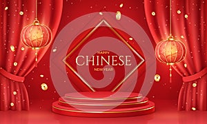 Chinese almanac. Stairs in asian new year or spring entry realistic greeting poster, red lanterns cny curtains