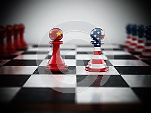 Chinese and American flag textured pawns on chessboard. 3D illustration