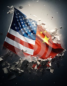 Chinese and American flags destroyed. China overtaking US economy. Generative Ai illustration