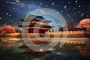 Chinese ancient architecture at night in the park with reflection on the water, Andres & Providencia Islands Caribbean