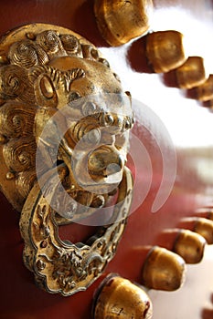 Chinese ancient door with Lion's head door ring