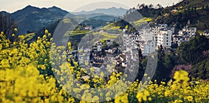 Chinese ancient old valley house landscape in mountain with flowers, in anhui, China.