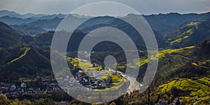 Chinese ancient old valley village overlook in mountain, in anhui, huizhou, China.