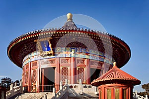 Chinese ancient Temple of Heaven. Asian architectural background. unique round roof of the temple on the blue sky background