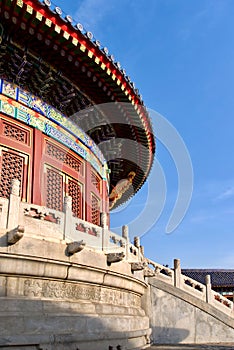 Chinese ancient Temple of Heaven. Asian architectural background. unique round roof of the temple on the blue sky background