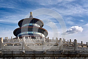 Chinese ancient Temple of Heaven. Asian architectural background. unique round roof of the temple on the blue sky background