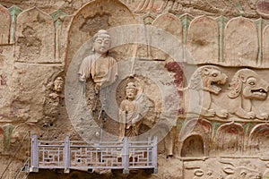 Chinese ancient traditional La Shao temple grotto relief painting in Tianshui Wushan Water Curtain Caves, Gansu China