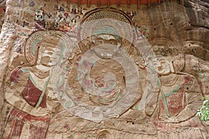 Chinese ancient traditional La Shao temple grotto relief painting in Tianshui Wushan Water Curtain Caves, Gansu China