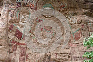 Chinese ancient traditional La Shao temple grotto relief painting in Tianshui Wushan Water Curtain Caves, Gansu China