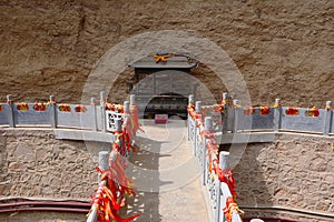 Chinese ancient traditional La Shao temple stone bridge in Tianshui Wushan Water Curtain Caves, Gansu China