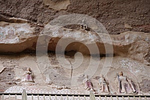 Chinese ancient traditional temple grotto relief painting in Tianshui Wushan Water Curtain Caves, Gansu China