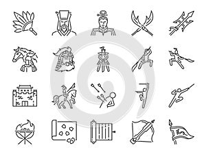Chinese ancient war line icon set. Included the icons as military, soldier, battle, weapon, fight and more.