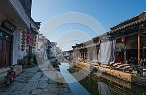 Chinese ancient water town with tradition street, house, culture and reflection