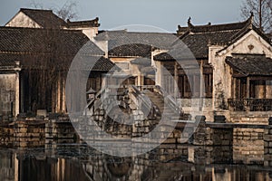 Chinese ancient water village with tradition bridge, house, culture and reflection