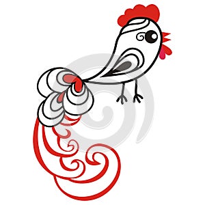 Chinese animal astrological sign red rooster hand-drawn isolated white background symbol 2017 New Year, Christmas card.