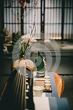 Chinese antique tea table and guqin