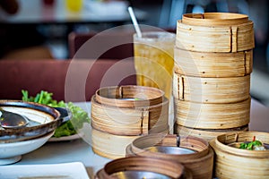 Chinese appetizer, Dimsum, streamed cuisine on bamboo basket