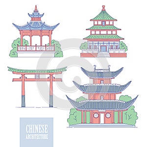 Chinese architectural landmarks. Oriental architecture line art gate pagoda and gazebo. Vector set different traditional