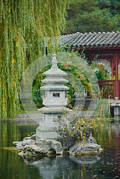 Chinese architecture, building in the lake. Willow tree