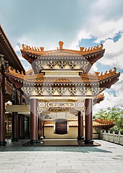 Chinese architecture pavilion with red pillars used for keep A big traditiona drum at Fo Guang San Temple