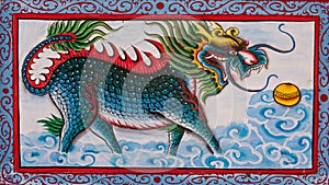 Chinese art the Colorful of old painting dragon on wall