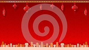 Chinese art style with red lantern and yellow border abstract ba photo