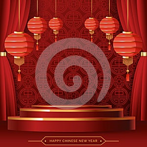 Chinese Asian Decor Stage with Backdrop Red Theme For Background Banner