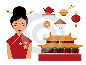 Chinese asian oriental decoration sightseeing festival gold ancient traditional culture vector illustration.
