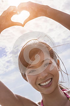 Chinese Asian Woman Girl Hand Heart Finger Frame