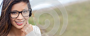 Chinese Asian Young Woman or Girl Wearing Glasses Panorama Web Banner