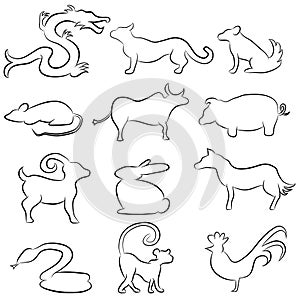 Chinese Astrology Animal Line Drawings