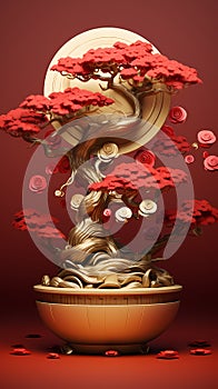 Chinese auspicious and lucky tree, chinese feng shui, the red bonsai tree with gold coin