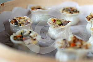 Chinese authentic traditional dish: Cantonese style shumai dumplings with rice and pork beef, closeup