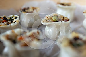 Chinese authentic traditional dish: Cantonese style shumai dumplings with rice and pork beef, closeup